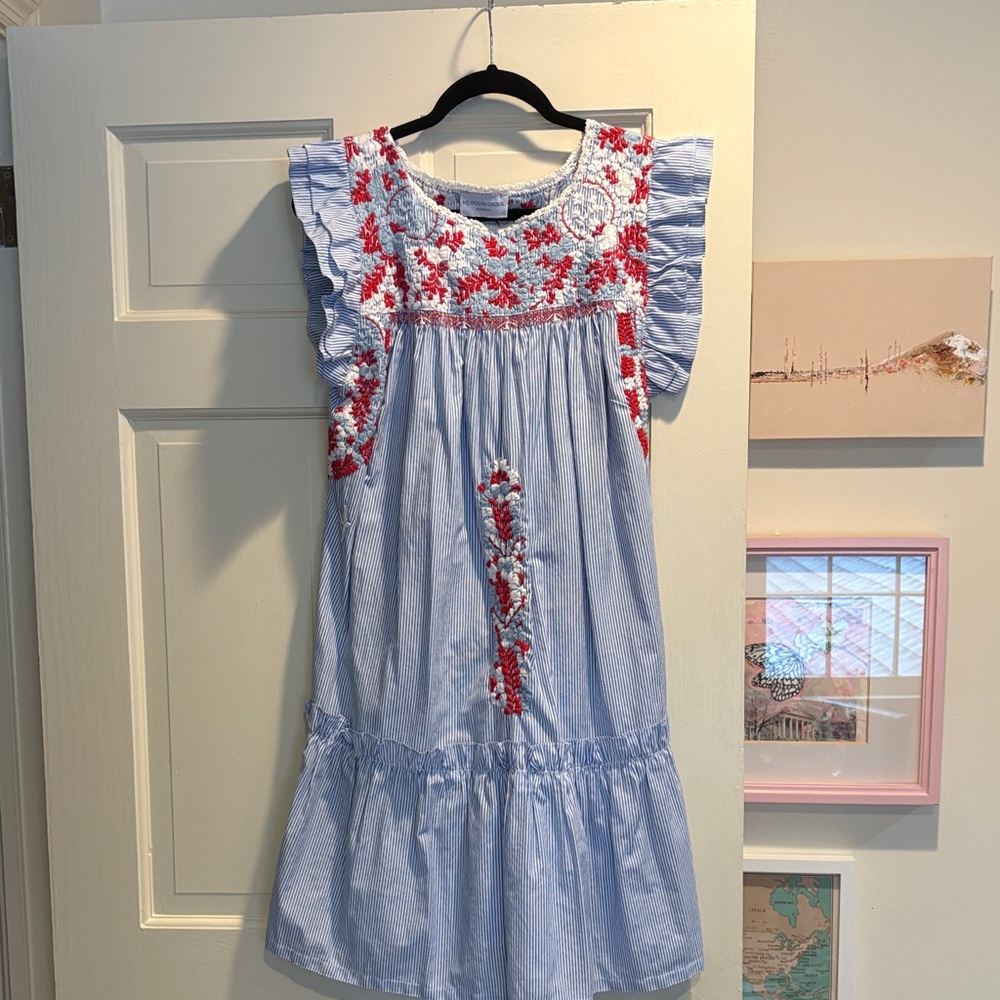 Mi Golondrina Blue Dress with Red Embroidery
